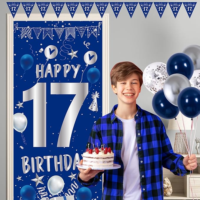 17th Birthday Decorations for Boys Girls, Blue Silver Happy 17th Birthday Party Decorations Supplies - 17th Birthday Backdrop Banner Tablecloth Triangle Flag Balloons for 17 Year Old Boy Party Decor