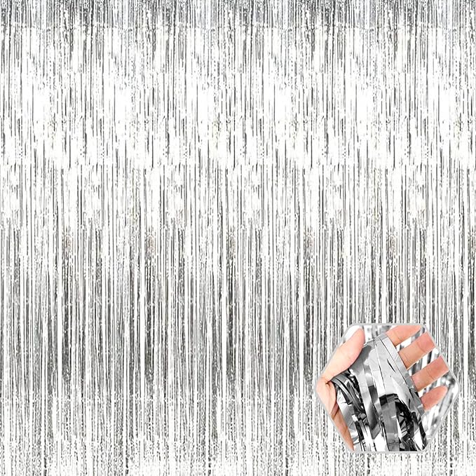 3 Pack Silver Foil Fringe Curtain Backdrop, 3.28Ft x 6.6Ft Metallic Tinsel Foil Fringe Streamer Curtains for Photo Booth, Christmas Day, Thanksgiving, Wedding, New Year Party Decorations