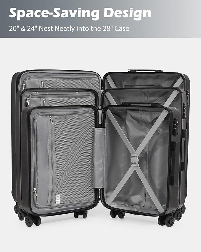 Coolife Luggage 3 Piece Set PC+ABS Hardshell Suitcases with TSA Lock, Spinner Lightweight (navy, 3 piece set)