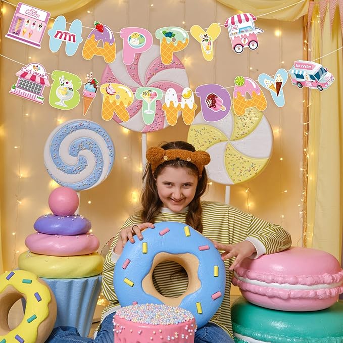 Ice Cream Party Decorations Happy Birthday Banner Ice Cream Party Banner Garland for Birthday Party Decorations Ice Creams Party Supplies