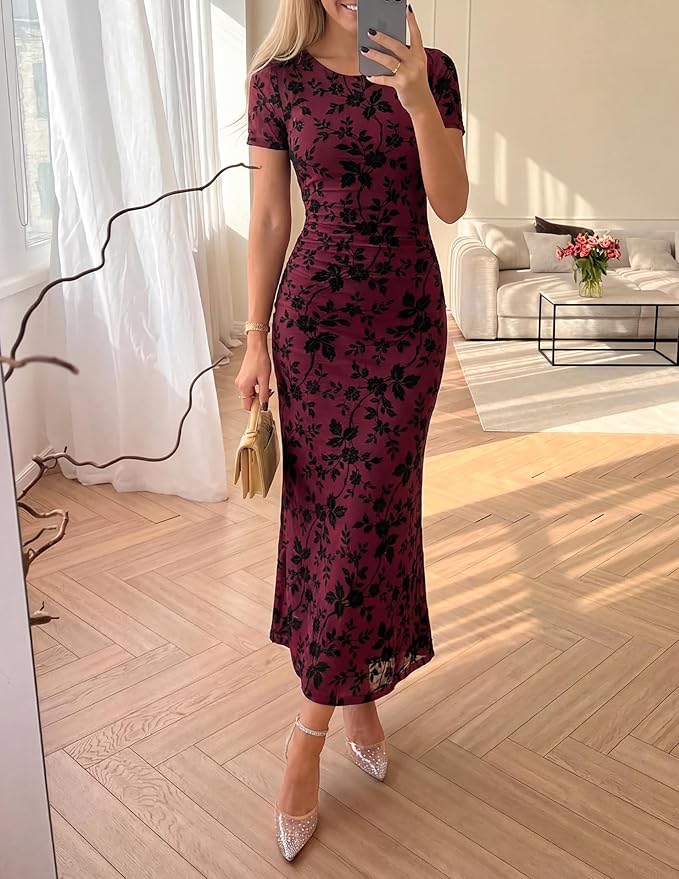 ZESICA Women's Summer Floral Bodycon Long Dress 2026 Ruched Mesh Formal Cocktail Party Wedding Guest Maxi Dresses
