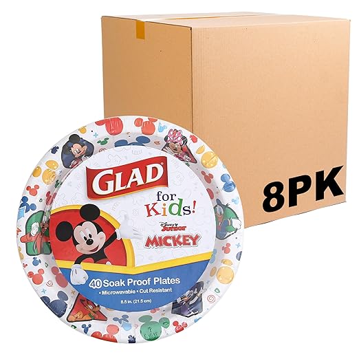 Glad for Kids Disney Mickey and Friends Disposable Paper Plates for Snacks and Meals, Heavy Duty Soak Proof Cut Resistant Microwave Safe Kids Plates, Party Pack, 8.5 Inch, 40 Count - 8 Pack