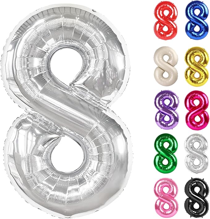 Silver Number 8 Balloon 40 Inch, 8 Balloon Number, 8th Birthday Decorations, Silver Party Supplies for Boys Girls