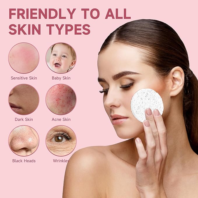 100 Count Compressed Facial Sponges 100% Natural Cellulose Eco-Friendly Makeup Sponges for Gentle Cleansing, Exfoliating & Stubborn Makeup Removal Travel for Women (Round white)