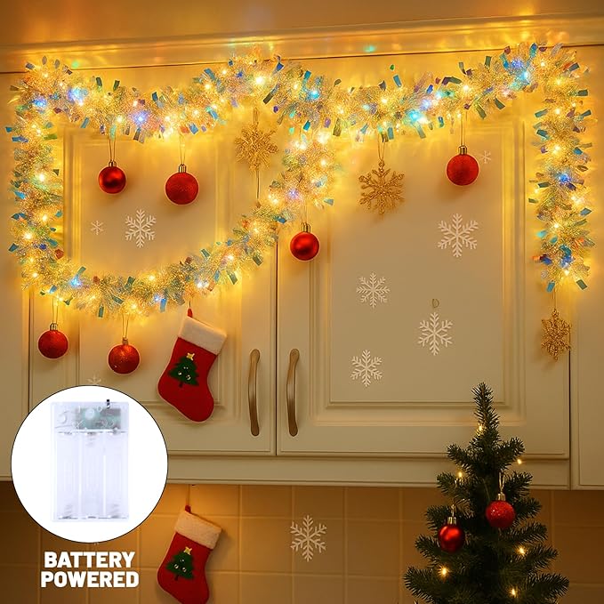 LAWOHO 6.5FT/2M Christmas Tinsel Garland with 40 LED Lights, Shiny Iridescent Foil Decorations for Christmas Tree, Wedding Birthday Party Supplies, New Year Holiday Parties, Indoor Hanging Home Decor