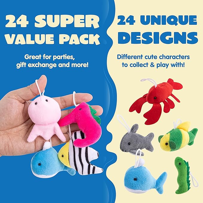 JOYIN 24 Pcs Mini Sea Animal Plush Toys (24 Units 3" Each), Stuffed Sea Animal Bulk for Kids Birthday Party Favors, Pinata Fillers, Goodie Bag Fillers, School Prizes,Easter Party Supplies