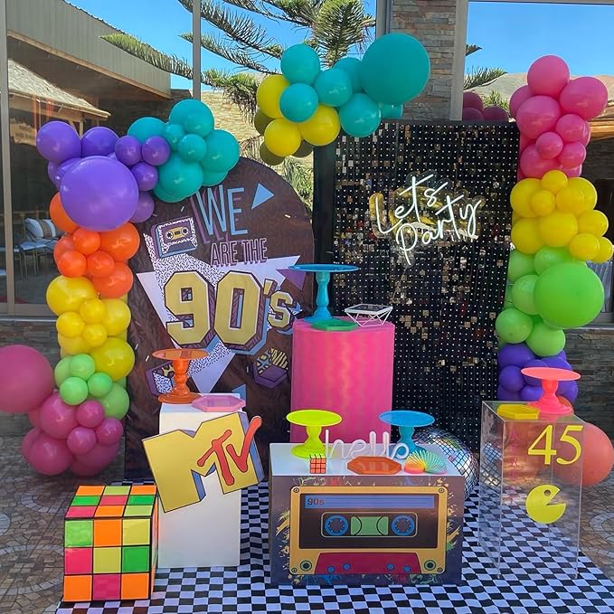 80s 90s Disco Party Decorations, 149Pcs Colorful Balloon Garland Kit Hot Pink Orange Green Balloons with Radio Retro Mobile Phone Balloons for Back to the 80s 90s Hip Hop Music Birthday Supplies