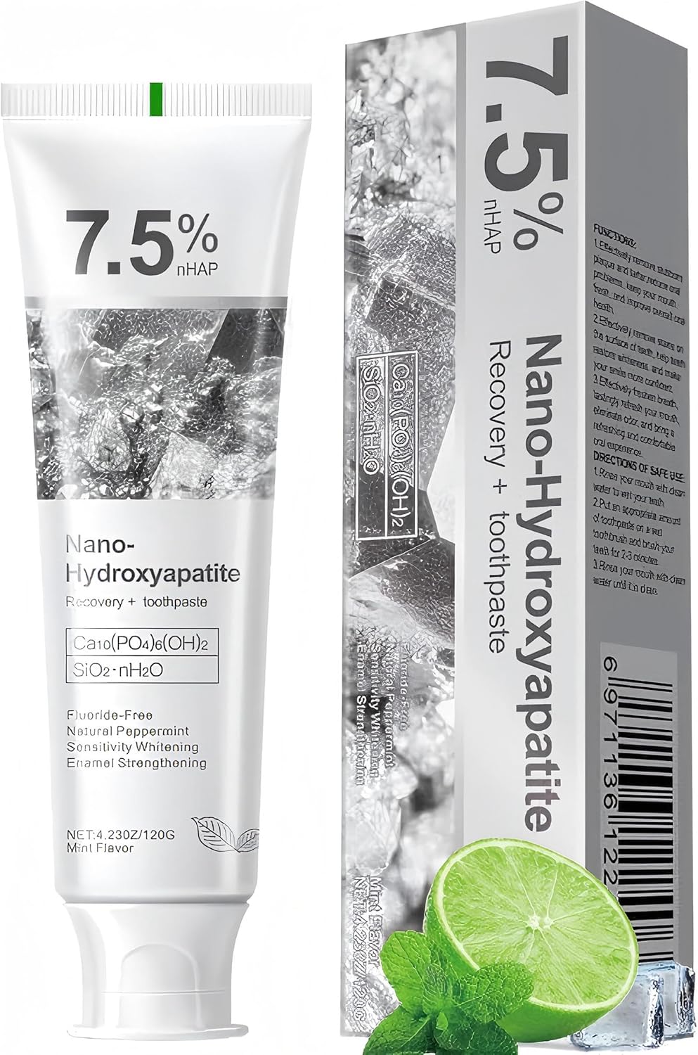7.5% Nano Hydroxyapatite Toothpaste (120g), Fluoride-Free Toothpaste for Sensitive Teeth, Enamel Protection, Fresh Mint