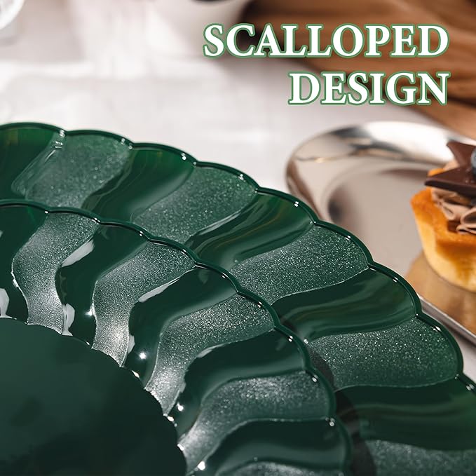 Lullaby 60PCS Green Scalloped Plastic Plates, Disposable Elegant Party Plates Include 30pcs Dinner Plate 10.25", 30pcs Plastic Dessert Plate 7.5", Perfect for Wedding and Party