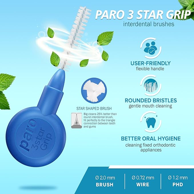 Paro Swiss 3Star-Grip Interdental Brushes – X-Fine, Triangular, Blue, 3.5mm, 4x3 Pack – Deep Between Teeth Cleaning