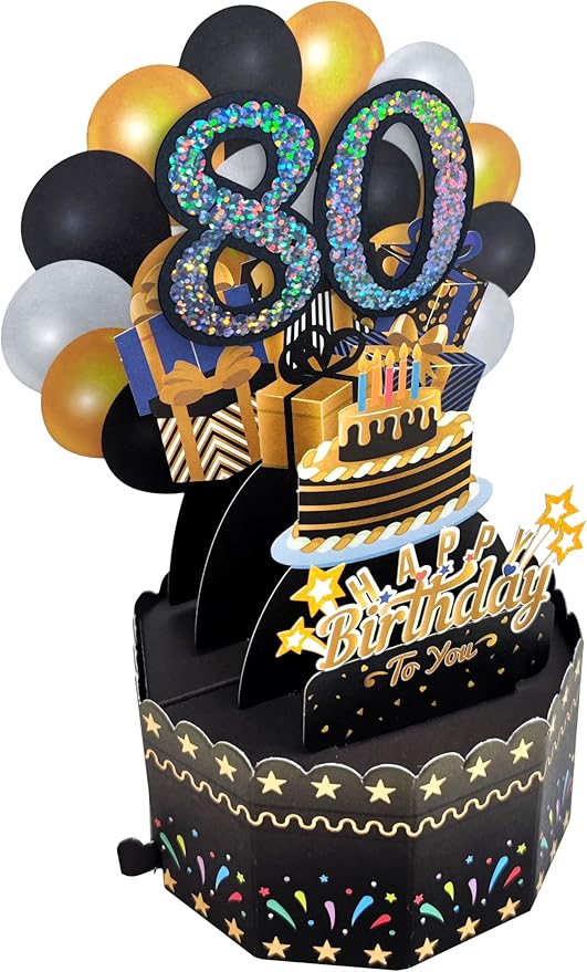 80th Birthday Cards 3D Popup Birthday Greeting Cards - Birthday Greeting Card for Men, Women, Mom,Dad and Grandparents with Blank Note and Envelope Included (Black Gold)
