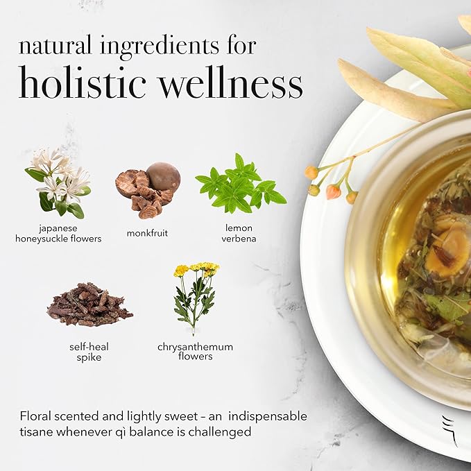qìsane Honeysuckle Tea with Chinese Medicinal Plants - Dried Honeysuckle Flowers, Self Heal Spike, Lemon Verbena & Monkfruit to Help Support Detox & Ease Discomfort - 10 sachets (~30 cups)