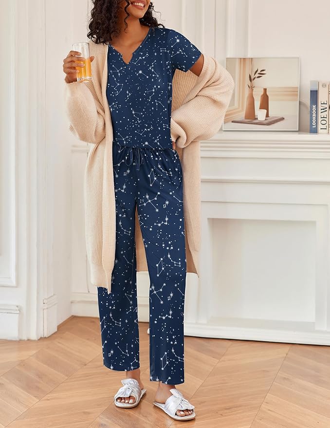 Ekouaer 2 Piece Womens Pajamas V Neck Short Sleeve Top and Long Pants Pjs Print Lounge Set Sleepwear