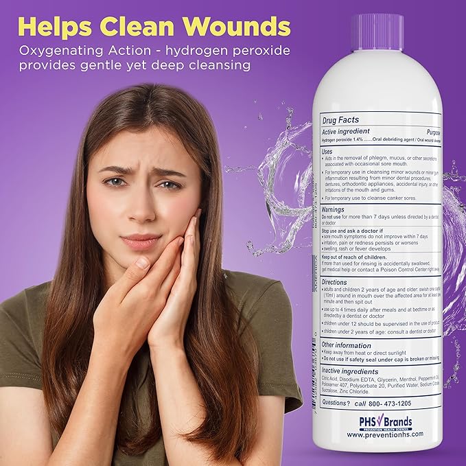 Prevention Mouth Sore Mouth Rinse, Canker Sore Treatment, Oral Pain Relief Mouthwash for Ulcers and Sores, Braces, with Hydrogen Peroxide, Alcohol-Free, Fluoride Free, 16 oz, Soothing Mint, 2 Pack