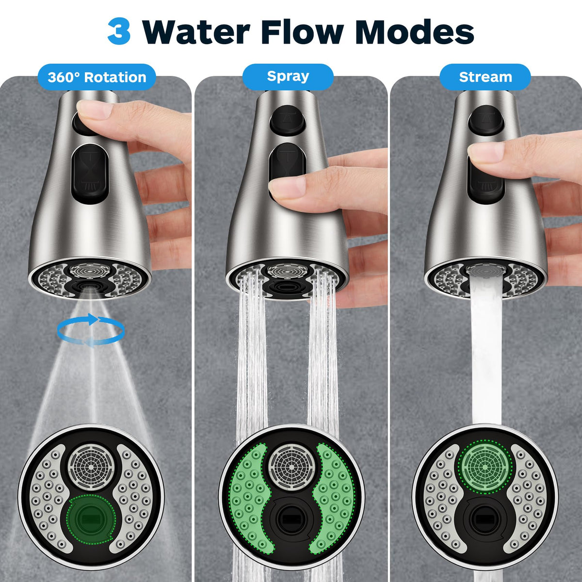 Kitchen Faucet Head Replacement 3 Modes with 17 Adapters, Pull Down Spray Head for Kitchen Faucet, Kitchen Sink Faucet Head G 1/2, Sprayer Head Replacement, Compatible with Moen，Delta, Kohler Faucets