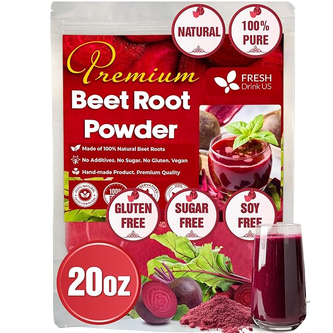 FreshDrinkUS, Premium 20oz Beet Root Powder, 100% Natural and Pure from Beet Root, Beetroot Powder Perfect for Smoothies, Energy Booster, Soups and Sauces. No Additives, No Gluten, No Sugar, Vegan