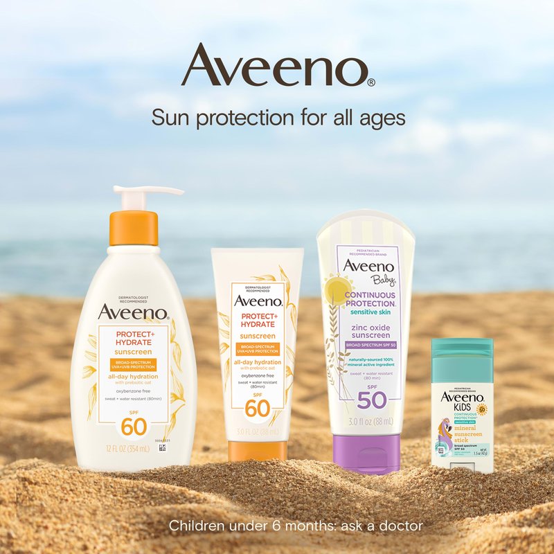 Aveeno Protect + Hydrate Sunscreen Lotion for Body & Face with Prebiotic Oat, SPF 60 Broad Spectrum Sunscreen, Paraben, & Oil Free, Water & Sweat Resistant (80-min) for Sensitive Skin, 3 Fl Oz