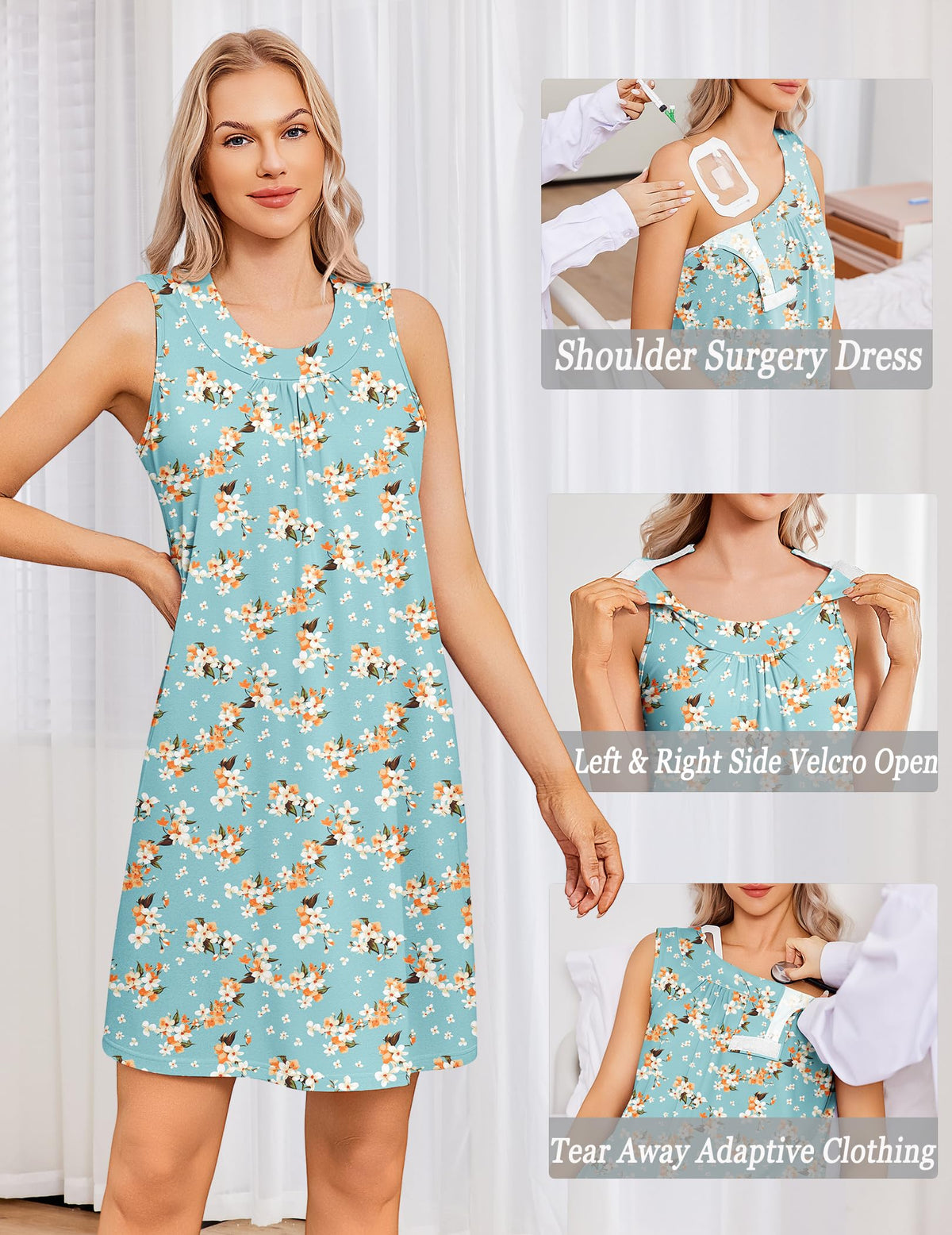 Deyeek Post Shoulder Surgery Dress Women Tearaway Sleeveless Dresses Full Open Adaptive Clothing for Port Access