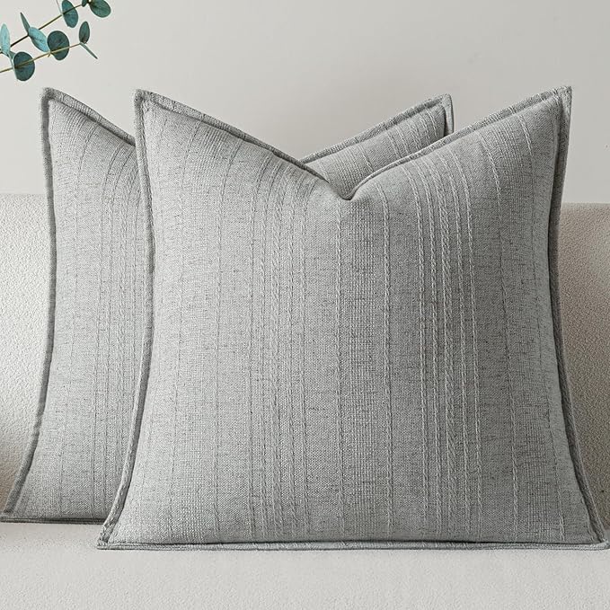 a moment Linen Pillow Covers Set of 2,Boho Farmhouse Throw Pillowcases Neutral Textured Decorative Covers for Couch Sofa, Soft Linen Blend Accent Case Cushion Living Room Home Decor 26"x26"Light Grey