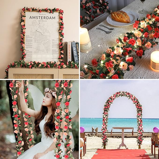 MARTINE MALL Flower Garland Rose Vines, 12 Strands 99Ft Flowers Vines for Bedroom, Rose Flower Garland Decoration, Rose Floral Garland for Room Table Birthday Wedding Party Garden Wall Decor