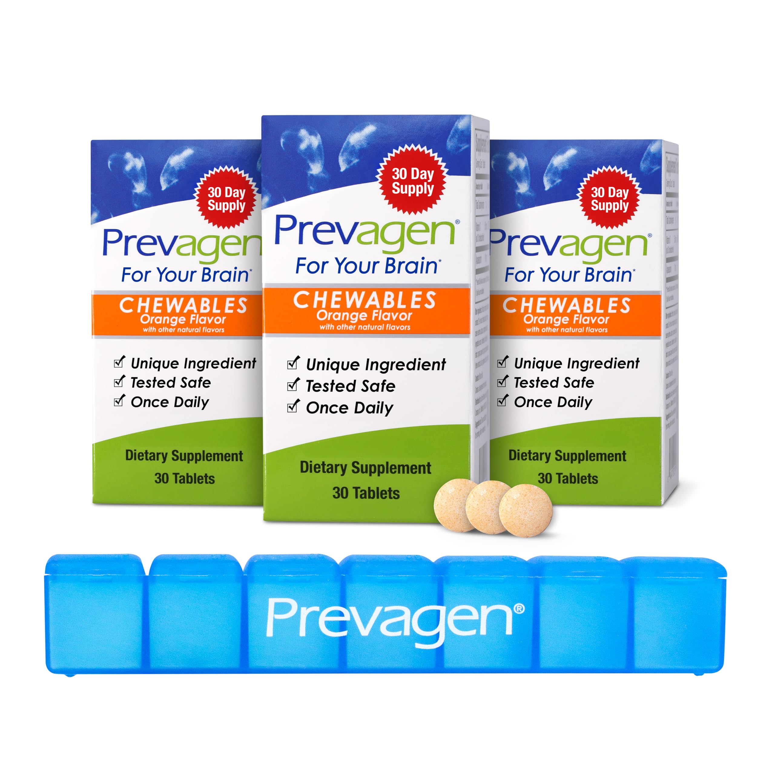 Prevagen Regular Strength Orange Chewables - 90 Tablets (3 Month Supply) | Formulated for Your Brain | 10mg of Apoaequorin Plus Vitamin D3 with 7-Day Pill Minder