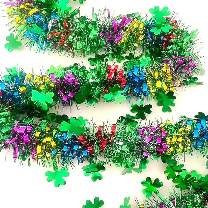 33Ft St Patrick's Day Tinsel Twist Garland Decorations Shiny Thick Shamrock Metallic Foil Wreath for St Patricks Day Irish Festival Party Parade Floats and Other Holidays Hanging Decor Supplies