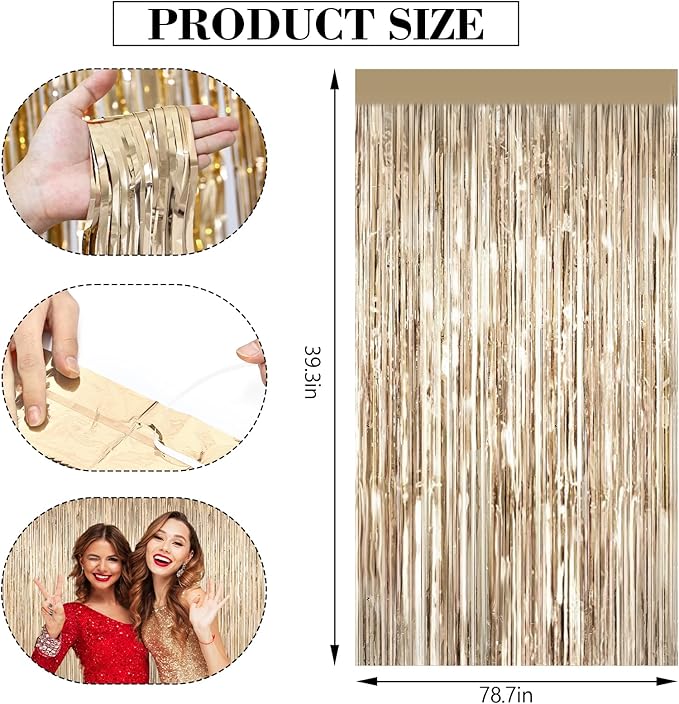 2Pack Champagne Gold Foil Fringe Backdrop Curtains, Tinsel Door Streamers, Fringe Backdrop for Birthday Decorations Graduation New Years Eve, Wedding, Baby Shower, Gender Reveal, Disco Party Decors