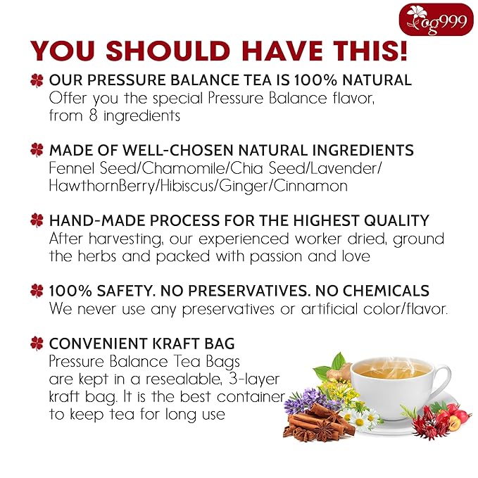 Upgraded Pressure Balance Herbal Tea - 40 Tea Bags, 3.5 oz | Heart Functional Tea | Blend of 9 Natural Herbs | Caffeine-Free, Sugar-Free, Vegan-Friendly (40 Tea bags - 3,5 oz)