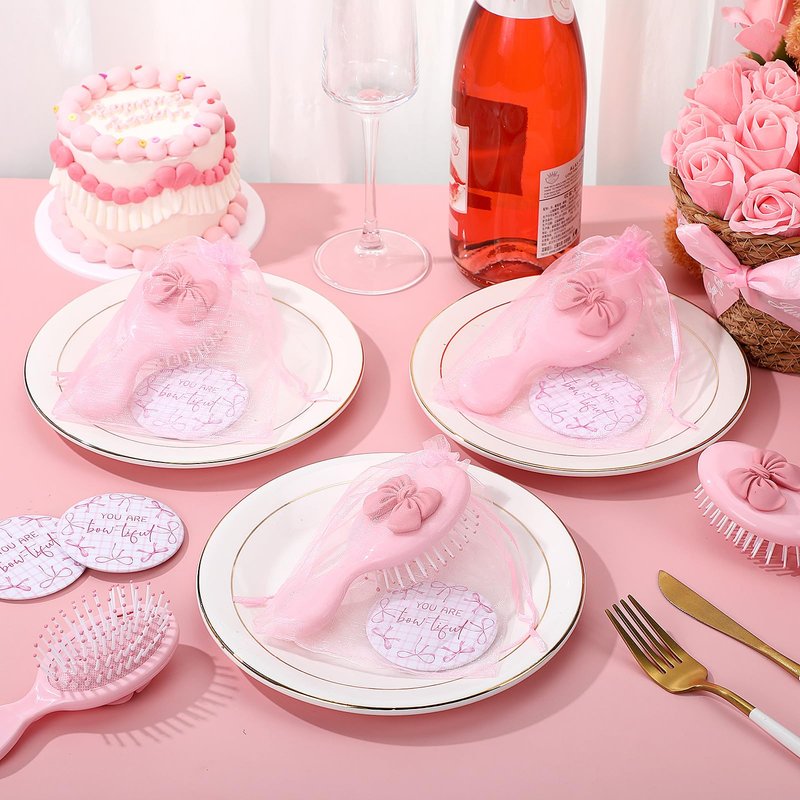 Wonderjune 36 Set Pink Bow Party Favors Women Coquette Compact Mirrors with Mini Hair Brush Organza Bag Inspirational Coquette Aesthetic Preppy Gifts for Sleepover Birthday Bow Themed Party Favors