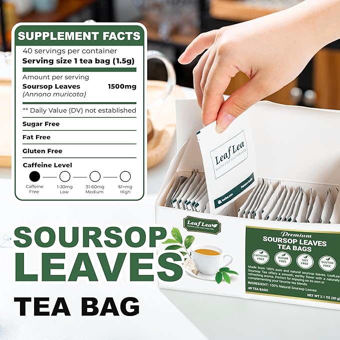 LeafLea 80 Soursop Leaf Tea Bags, from Natural Soursop Leaves (Graviola), Herbal Blend for Wellness, Sour Sop Herbal Tea Individually Wrapped for Freshness, Caffeine-Free, Vegan, No Sugar, Non-GMO