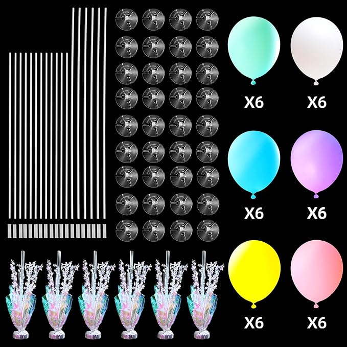 6 Set Pastel Birthday Decorations Rainbow Party Table Balloons Centerpiece Stand Kit for Girls Baby Shower Birthday Party Wedding Graduation Prom Unicorn Theme Table Decorations