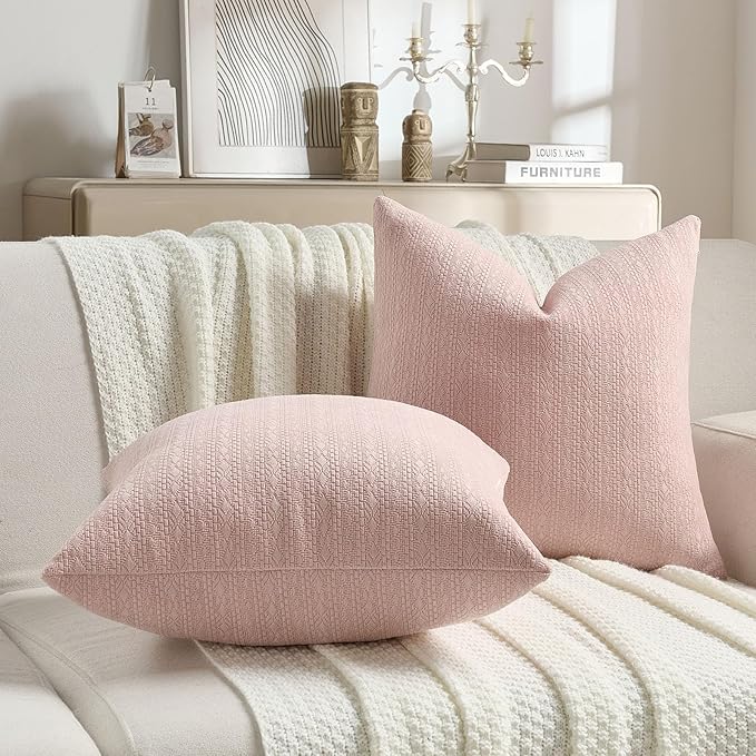 FUTEI Pink Chenille Throw Pillow Covers 20x20 Inch Set of 2,Soft Striped & Diamond Textured Cushion Cases,Modern Home Decor for Couch Living Room