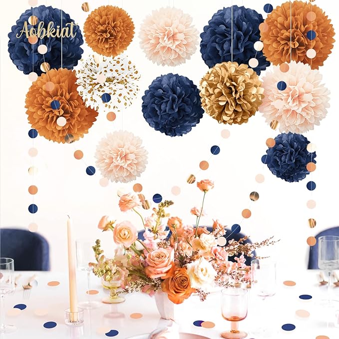AOBKIAT Boho Fall Wedding Party Decorations,15PCS Navy Blue Orange Tissue Paper Pom Poms Colorful Paper Garland String Hanging Backdrop for Baby Shower,Bridal Shower,Gardens Celebration