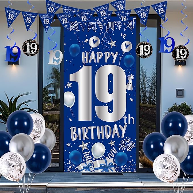 19th Birthday Decorations for Boys Men Girls, Blue Silver Happy 19th Birthday Decorations Boy with Bday Backdrop Banner Balloons Tablecloth Hanging Swirls Triangle Flag - 19 Year Old Party Supplies