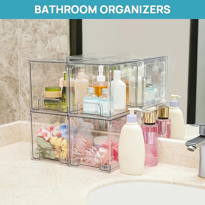 Vtopmart 4 Pack Stackable Storage Drawers, 6.6''Tall Acrylic Bathroom Makeup Organizers,Clear Plastic Drawers For Vanity, Undersink, Kitchen Cabinet,Pantry Organization and Storage