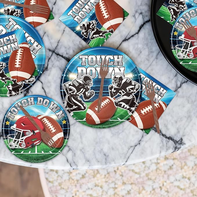 Rakuto Football Plates and Napkins Party Decorations, 96PCS Disposable Touch Down Paper Plates and Napkins Tableware Decoration, Ball Sports Themed Forks Decor for Birthday Team Serve 24