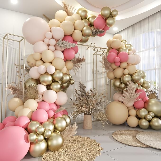 Blush Pink Neutral Gold Balloon Arch Kit, 160Pcs Boho Dusty Pastel Pink Nude Balloons Garland for Girls Women Bridal Baby Shower Valentines Wedding Gender Reveal Birthday Party Decorations