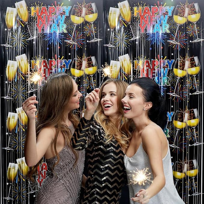 GOER Foil Curtain Backdrop for New Year Eve Party Decorations| Metallic Tinsel New Year Theme Photo Booth Props (1 Pack)