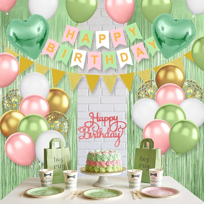 Sage Green Pink Birthday Decorations,Happy Birthday Banner Olive Green Retro Pink Balloons Fringe Curtain Heart Foil Balloons for Women Girl Boys Baby Shower