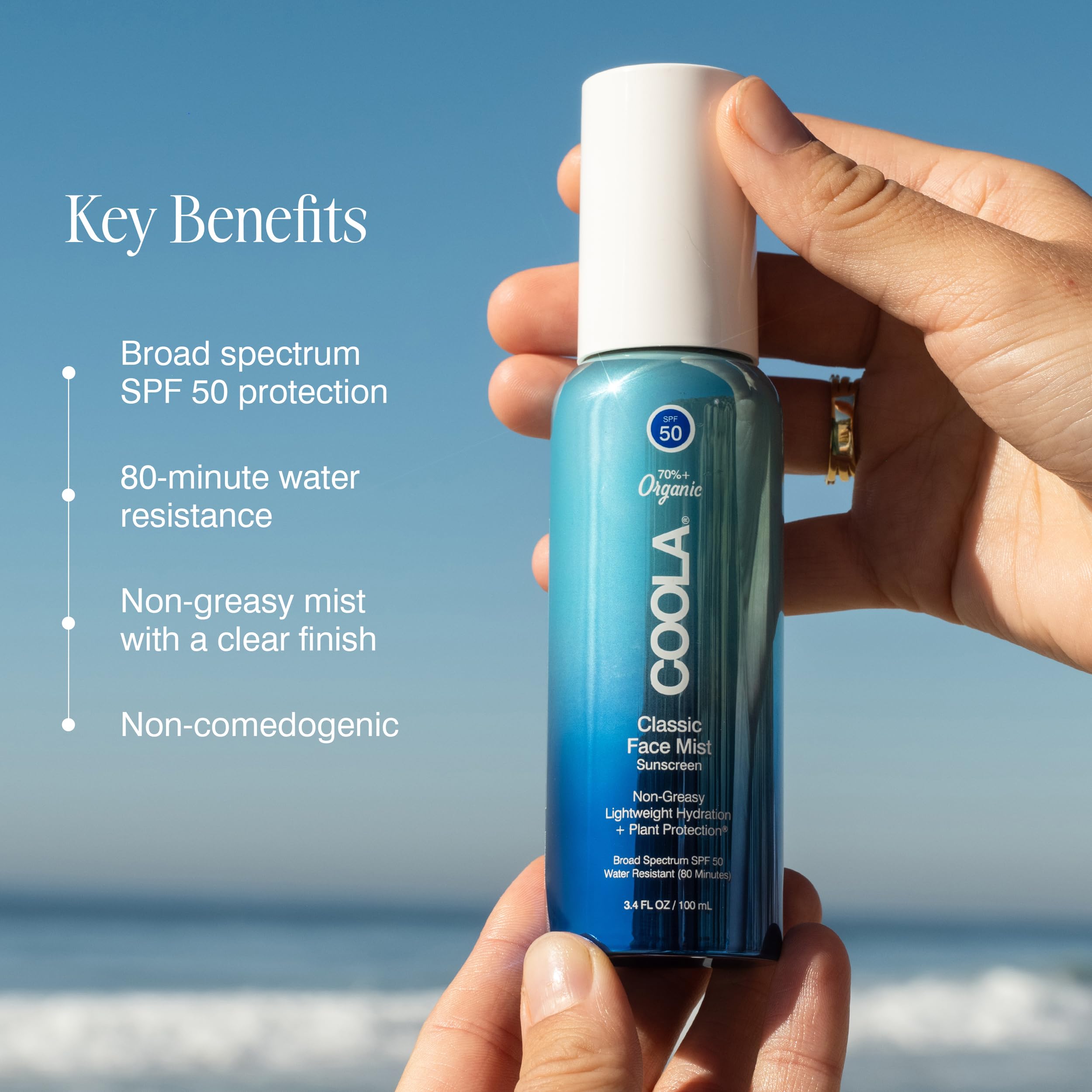 COOLA Organic Sunscreen SPF 50 Sunblock Face Mist, Dermatologist Tested Skin Care for Daily Protection, Vegan and Gluten Free, Natural Fragrance, 3.4 Fl Oz