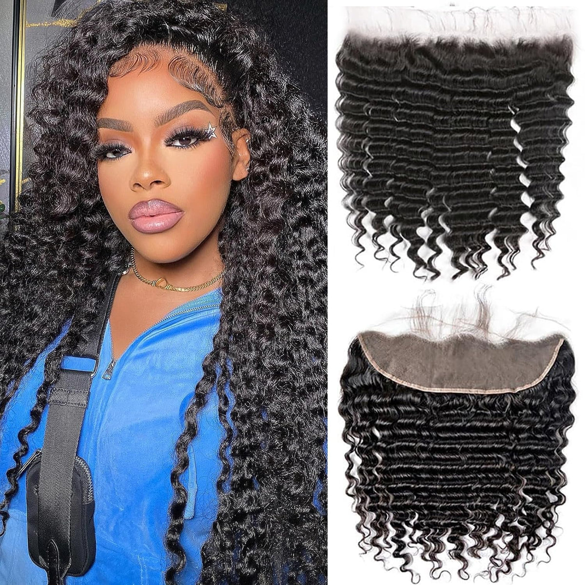Lace Frontal Closure Deep Wave 13x4 Ear to Ear Frontal HD Lace 12 Inch Curly Brazilian Virgin Human Hair Extensions for Women Pre Plucked with Baby Hair 150% Density Natural Black