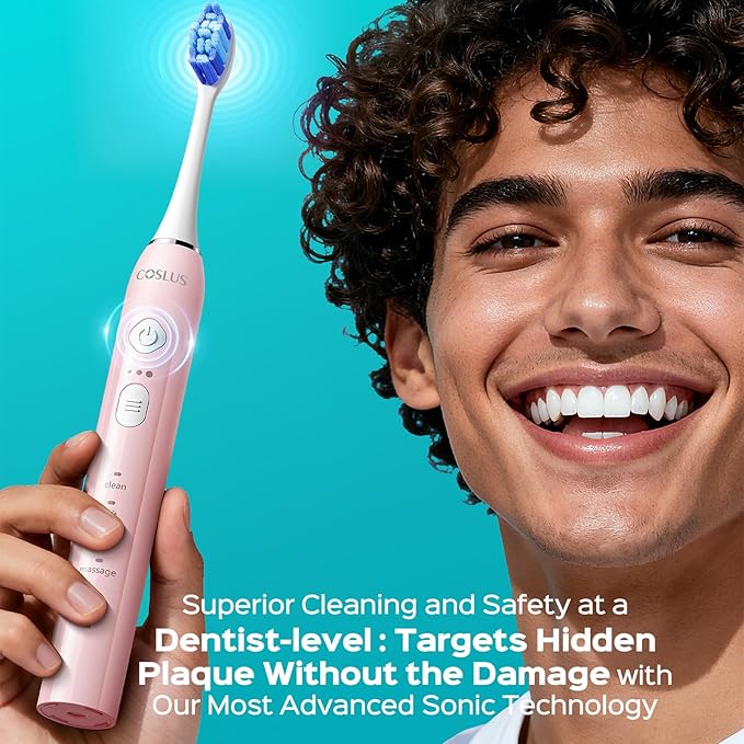 COSLUS Sonic Electric Toothbrush for Adults & Kids: 3 Intensities & 5 Modes Gum-Friendly for Deep Cleaning & Whitening - 2 Types of Heads for Family, Sensitive Teeth, Braces, Travel & Home, Pink, 1PC