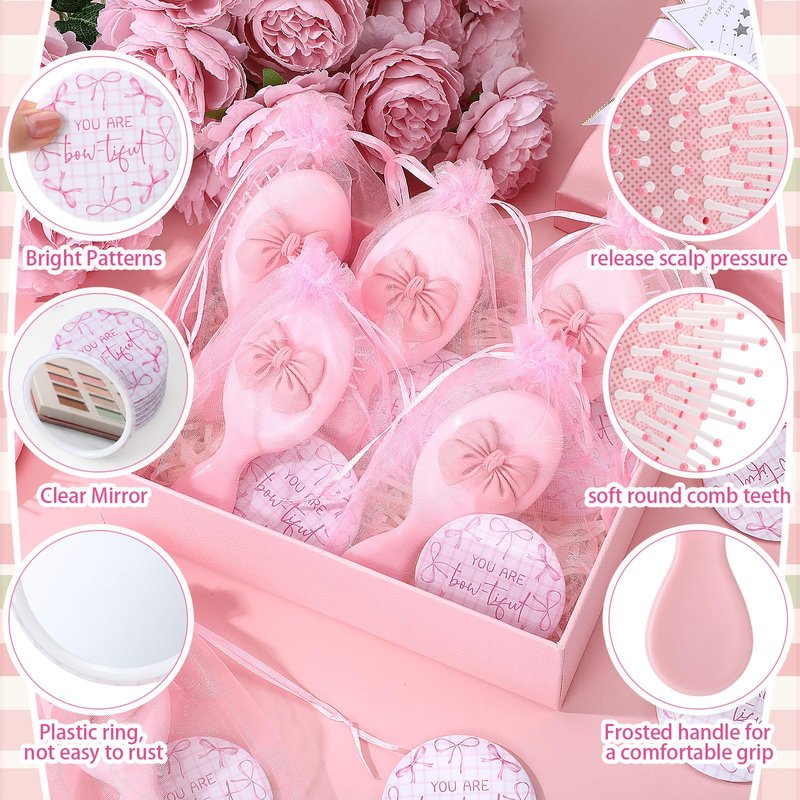 Wonderjune 36 Set Pink Bow Party Favors Women Coquette Compact Mirrors with Mini Hair Brush Organza Bag Inspirational Coquette Aesthetic Preppy Gifts for Sleepover Birthday Bow Themed Party Favors
