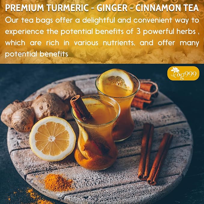 30 Bags Premium Turmeric Ginger Cinnamon Tea, Improve Digestion, Support Brain, Weight, Skin and Sleep, Eco-Conscious Tea Bags and Premium Natural Ingredients. Turmeric Ginger Herbal Tea. No Sugar, No Caffeine, No Gluten, Vegan.
