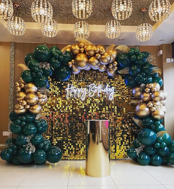 Green and Gold Balloons Garland Arch Kit with Stars 200Pcs -5 10 12 18 22 inch Balloon and Confetti Balloons for Birthday Anniversary Forest Hunter Dark Emerald Green Jungle Party Decorations