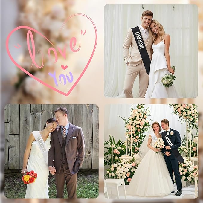 2Pcs Pearl Bride & Groom Sash Set – Bride Sash and Groom Sash, Wedding Engagement Decoration(White & Black, Extra Large)