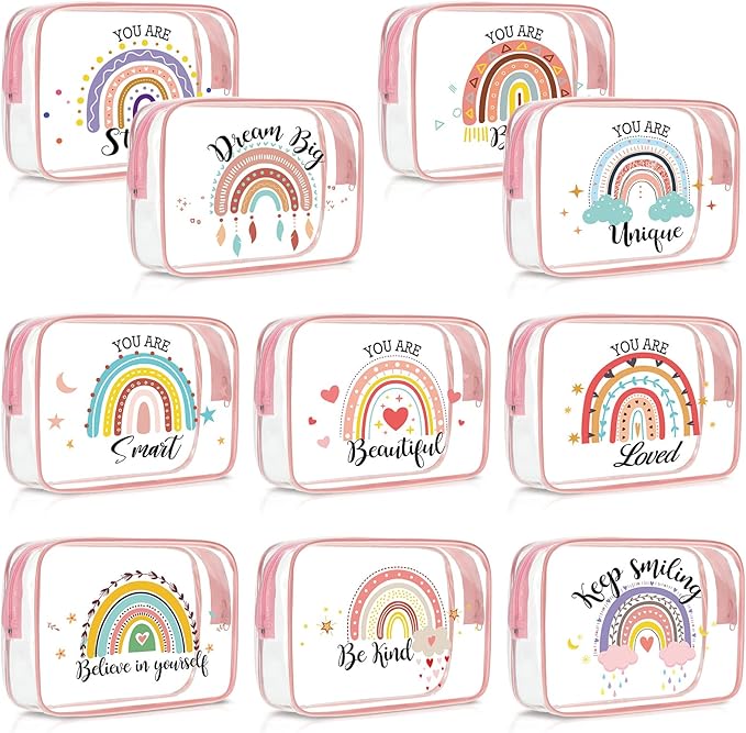 Kacctyen 10 Pcs Rainbow Clear Makeup Bag Women Gifts Inspirational Quotes Waterproof PVC Cosmetic Bags Portable Multifunction Pouch for Graduation Friend Sister Nurse Gift Travel Vacation Organization