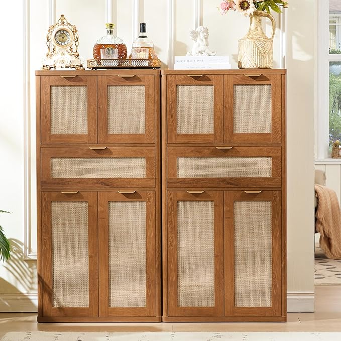 LEYAOYAO 48" Tall Storage Cabinet Set of 2,Rattan Bathroom Floor Cabinets with 4 Doors & 1Drawer,Boho Kitchen Pantry with Adjustable Shelves,Wooden Cupboard for Living Room,Home Office,Brown