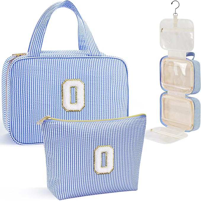 YOOLIFE Travel Toiletry Bag for Women - Hanging Toiletry Bag Makeup Bag, Portable Toiletries Cosmetic Bag, Airplane Travel Essentials - Letter O, Blue