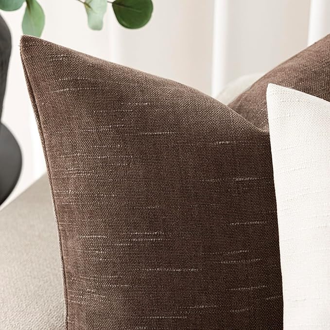 Foindtower Set of 2 Soft Textured Chenille Throw Decorative Pillow Covers Square Accent Solid Cushion Cover Cozy Neutral Farmhouse Pillow Case for Couch Sofa Bedroom Living Room 24x24 Inch, Chocolate